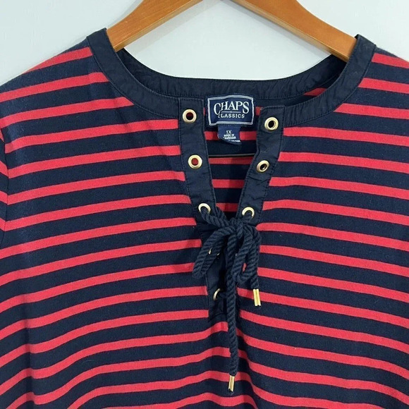 Chaps Classics Red and Navy Striped Short Sleeve Shirt 1X Grommet Lace Up Neck - Picture 3 of 4